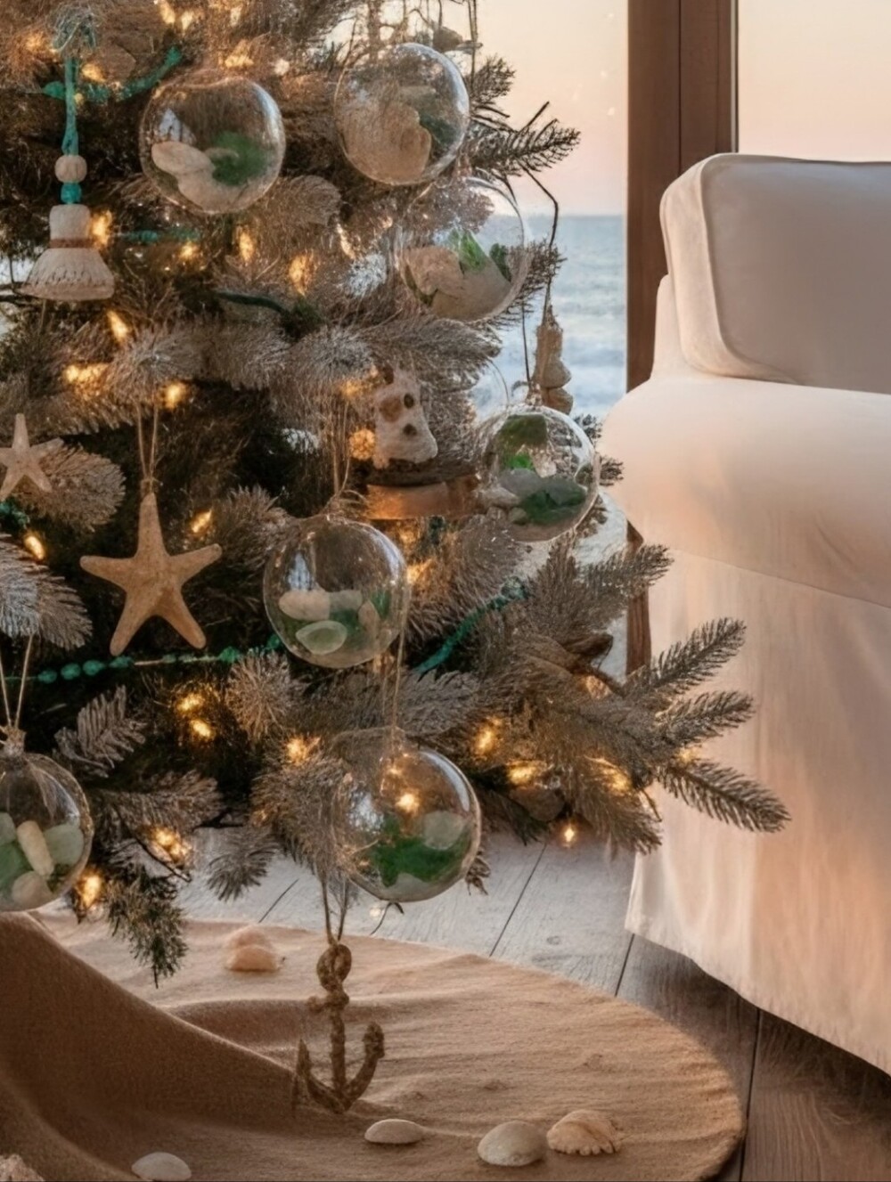 Beach-Themed Plastic Ornaments with Shells and Tumbled Glass Set Of Nine